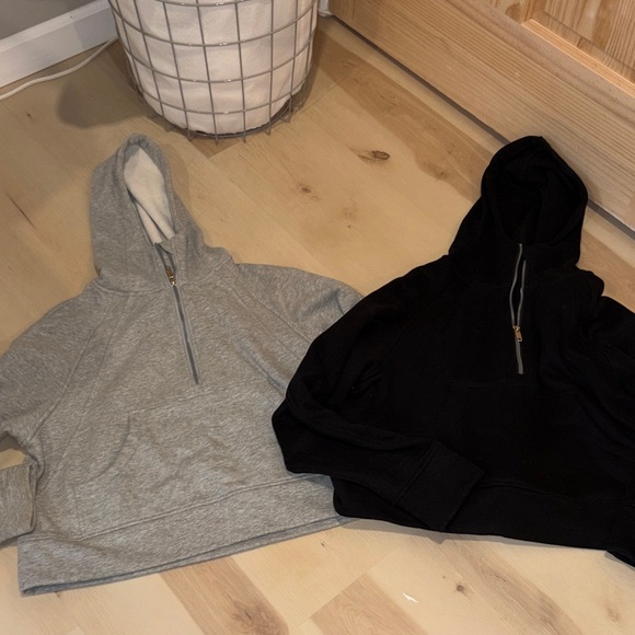 Tops - Women's Half-Zip Hooded Sweatshirt in Black and Light Gray